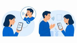 Illustration av TERA som visar tal till text både vid telefonsamtal och samtal på plats.